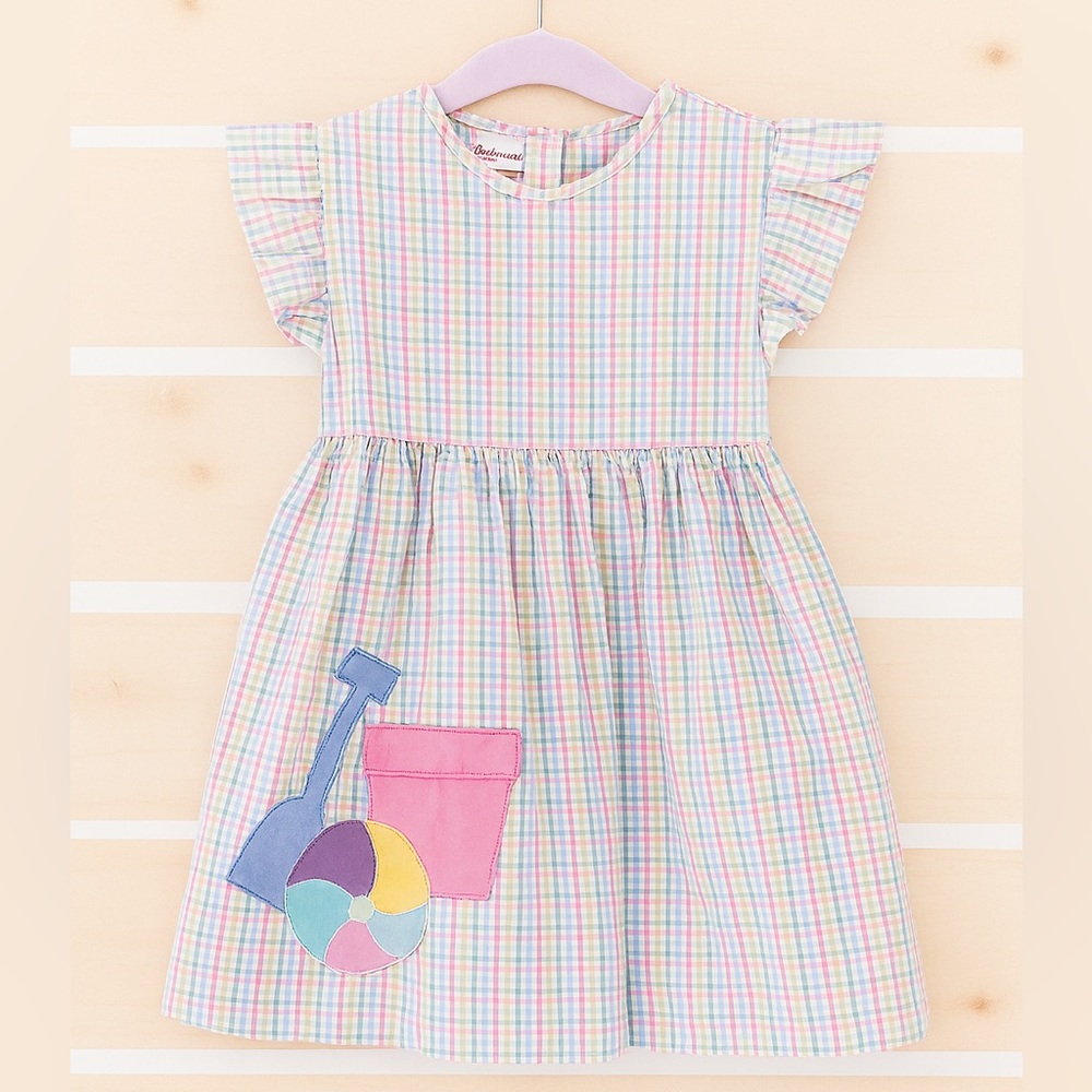 Vintage Pastel Plaid Dress with Beach Toy Appliqué